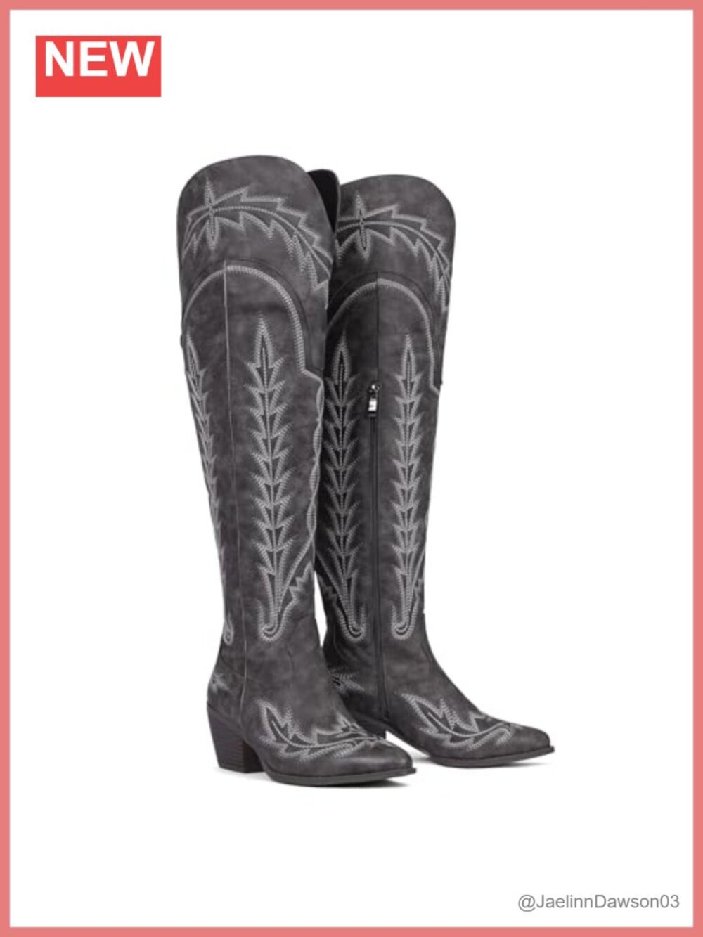 Wide Calf Over the Knee Western Boots Embroidered Pointed Toe Chunky Heel